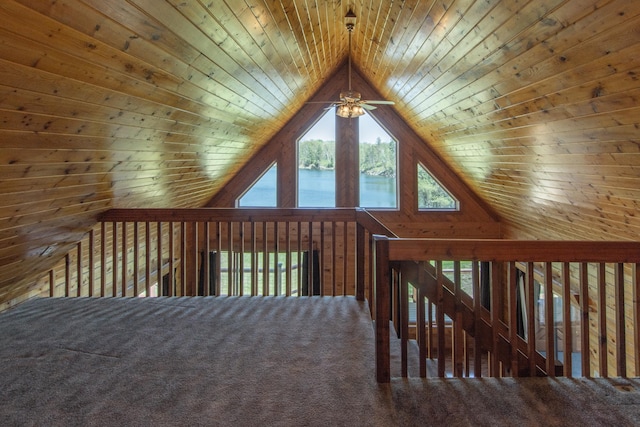 24341 Bluebird Ave, Trommald, MN 56441 - bonus room with wooden ceiling, ceiling fan, vaulted ceiling, carpet flooring, and a water view