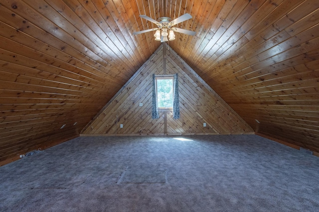 24341 Bluebird Ave, Trommald, MN 56441 - additional living space with wood walls, wood ceiling, carpet floors, ceiling fan, and lofted ceiling