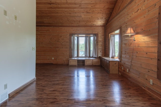 24341 Bluebird Ave, Trommald, MN 56441 - empty room with vaulted ceiling, wooden walls, and dark wood-style floors