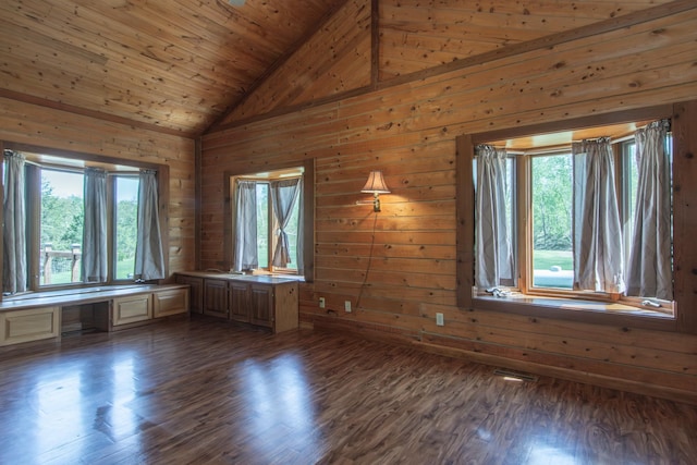 24341 Bluebird Ave, Trommald, MN 56441 - unfurnished room featuring dark wood finished floors, built in study area, wood walls, wood ceiling, and high vaulted ceiling