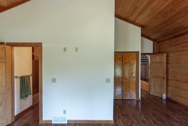 24341 Bluebird Ave, Trommald, MN 56441 - spare room with wood ceiling, wood finished floors, and high vaulted ceiling