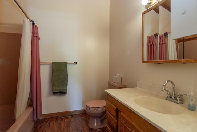 24341 Bluebird Ave, Trommald, MN 56441 - bathroom with vanity, wood finished floors, and shower / bath combination with curtain