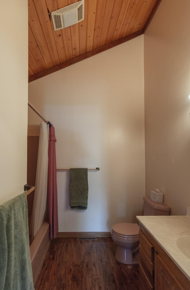 24341 Bluebird Ave, Trommald, MN 56441 - bathroom with ornamental molding, vanity, wooden ceiling, wood finished floors, and shower / bath combination with curtain
