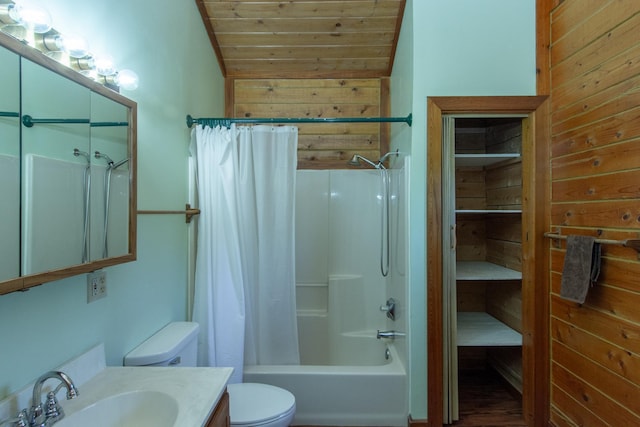 24341 Bluebird Ave, Trommald, MN 56441 - bathroom with vanity, shower / bath combination with curtain, wooden ceiling, wooden walls, and vaulted ceiling