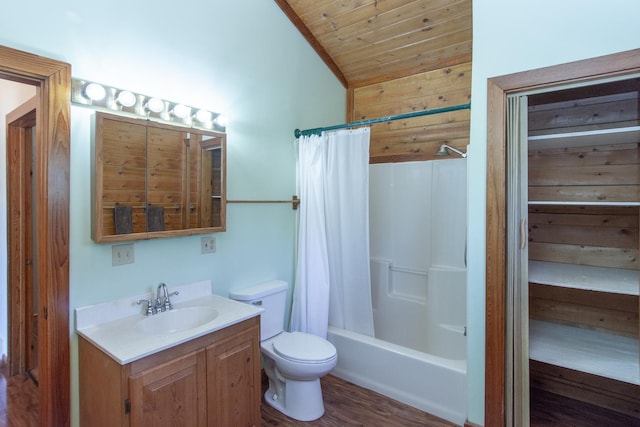 24341 Bluebird Ave, Trommald, MN 56441 - bathroom featuring vanity, wood ceiling, shower / bath combo, vaulted ceiling, and wood finished floors