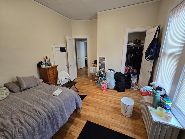 bedroom with wood finished floors and a closet