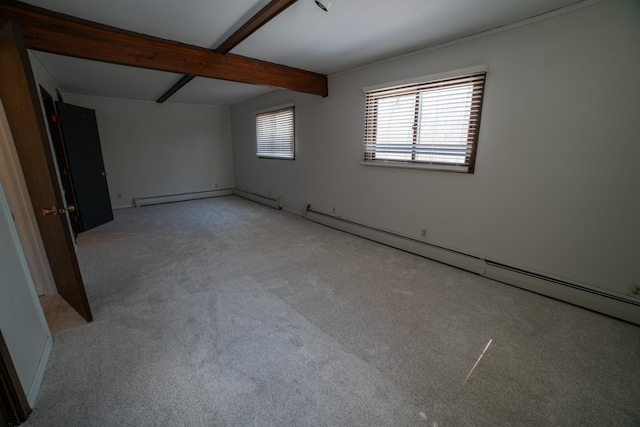 empty room with beam ceiling, light colored carpet, a baseboard heating unit, and baseboard heating