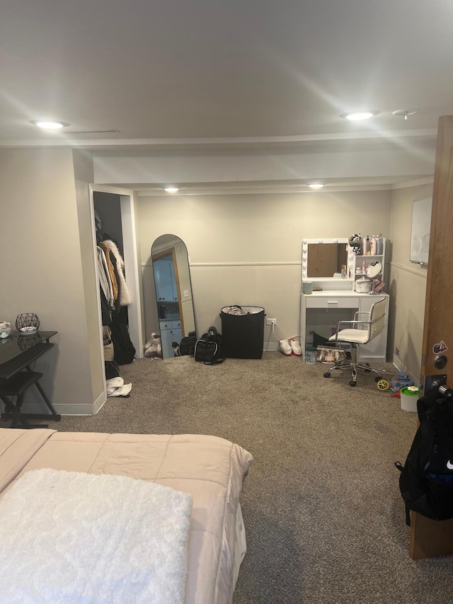 bedroom featuring recessed lighting, carpet flooring, and baseboards