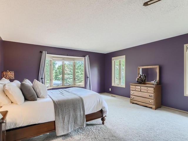 bedroom featuring baseboards, carpet, and a textured ceiling