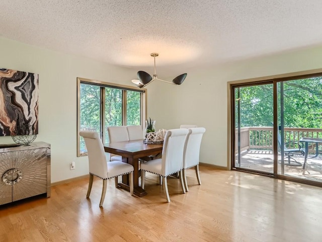 dining space featuring baseboards, light wood-style flooring, a textured ceiling, and a wealth of natural light