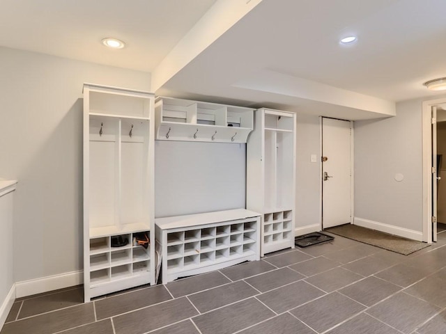 mudroom featuring baseboards, recessed lighting, and tile patterned floors