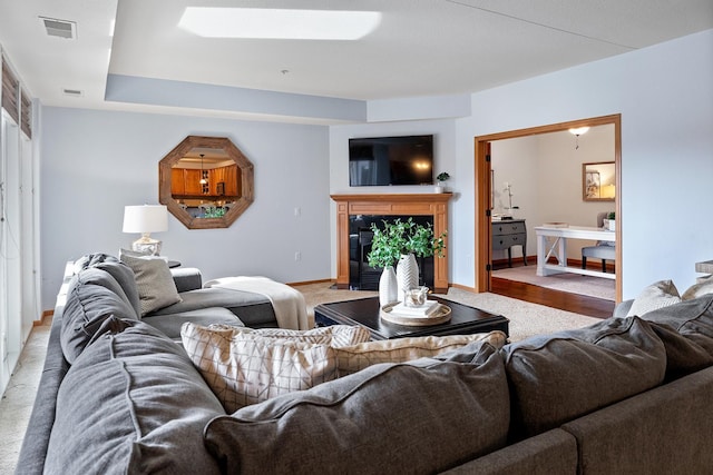 7100 Metro Blvd Unit 206, Edina, MN 55439 - carpeted living room featuring a skylight, baseboards, a fireplace, and visible vents