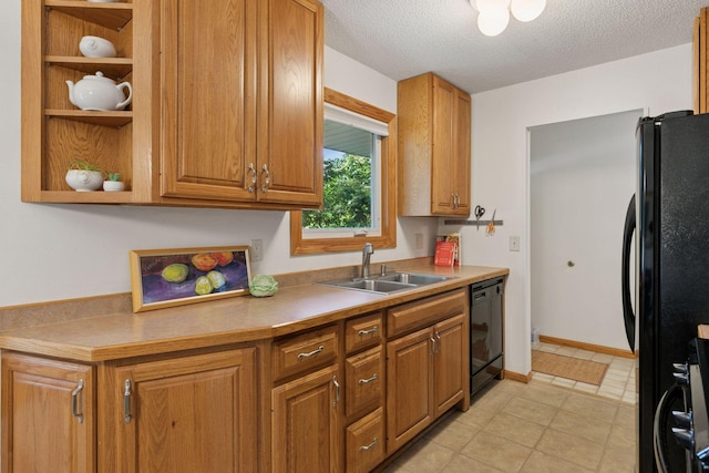 1794 Karis Way, Eagan, MN 55122 - kitchen featuring black appliances, open shelves, brown cabinetry, a textured ceiling, and light countertops