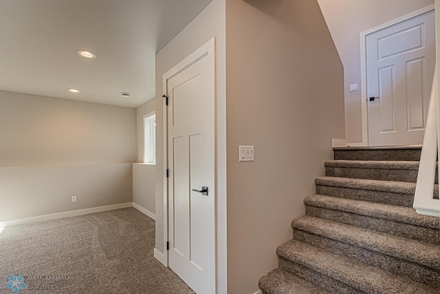 stairway with recessed lighting, carpet, and baseboards