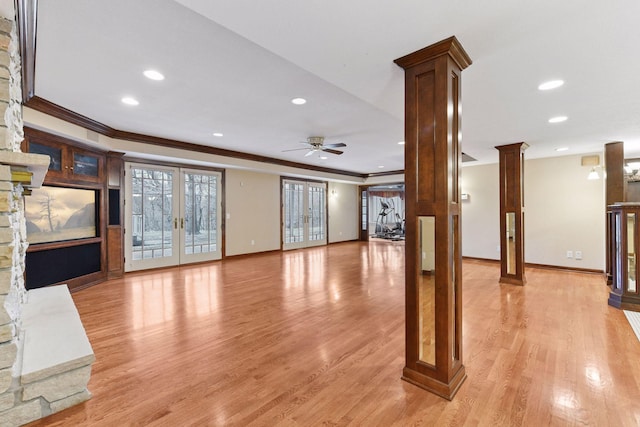 7604 Delaney Blvd, Edina, MN 55439 - unfurnished living room with crown molding, recessed lighting, a ceiling fan, and decorative columns