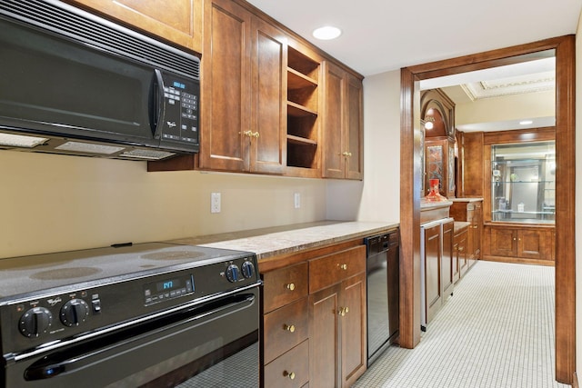 7604 Delaney Blvd, Edina, MN 55439 - kitchen with recessed lighting, open shelves, brown cabinetry, black appliances, and light countertops