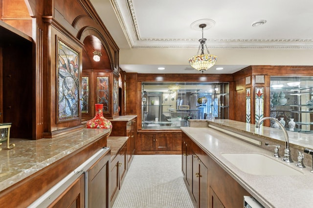 7604 Delaney Blvd, Edina, MN 55439 - bar featuring dishwasher, hanging light fixtures, ornamental molding, and a sink