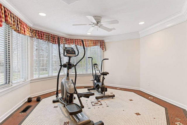 7604 Delaney Blvd, Edina, MN 55439 - workout room featuring ceiling fan, crown molding, recessed lighting, and baseboards