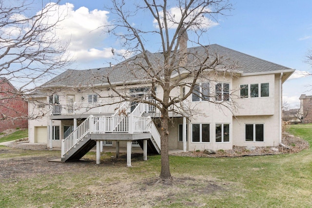 7604 Delaney Blvd, Edina, MN 55439 - back of property featuring a chimney, stucco siding, a yard, a shingled roof, and stairs