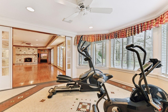 7604 Delaney Blvd, Edina, MN 55439 - workout area with a ceiling fan, french doors, a fireplace, crown molding, and carpet