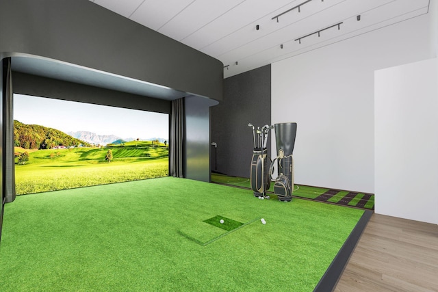 7604 Delaney Blvd, Edina, MN 55439 - playroom with a mountain view, wood finished floors, and golf simulator
