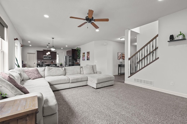 5836 Radford Ave NE, Otsego, MN 55374 - carpeted living room featuring recessed lighting, visible vents, baseboards, and ceiling fan