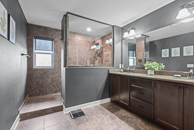 5836 Radford Ave NE, Otsego, MN 55374 - bathroom featuring baseboards, a sink, a textured ceiling, and a walk in shower