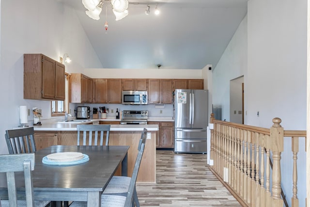 kitchen with appliances with stainless steel finishes, light countertops, a sink, light wood finished floors, and a peninsula