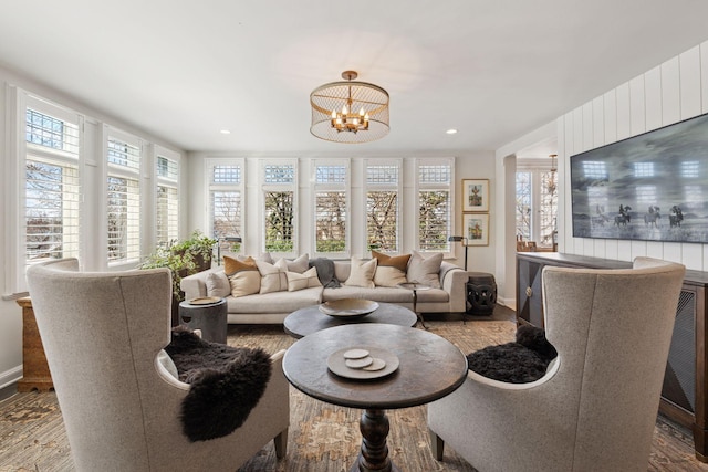 4232 Fremont Ave S, Minneapolis, MN 55409 - living room with wood finished floors, a chandelier, and recessed lighting