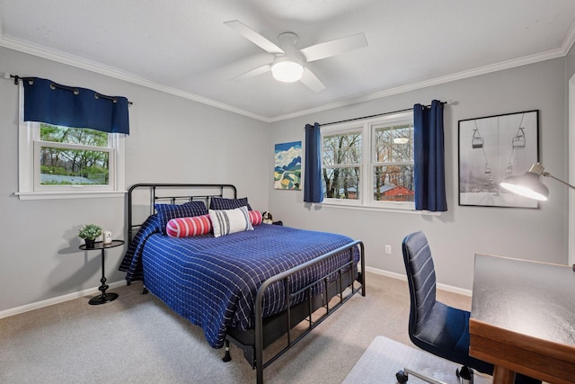 bedroom with crown molding and carpet