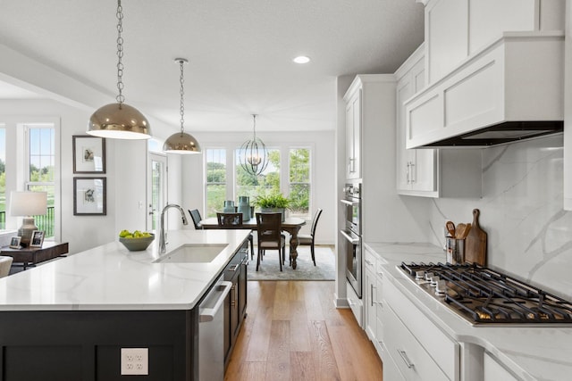 kitchen featuring tasteful backsplash, appliances with stainless steel finishes, light wood finished floors, a sink, and ventilation hood