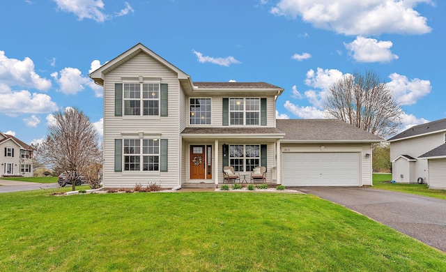 traditional-style house with covered porch, an attached garage, a front yard, and aphalt driveway
