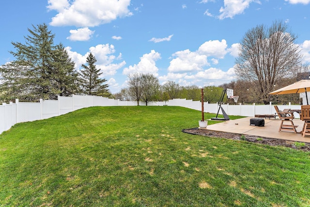view of yard with a fenced backyard and a patio area