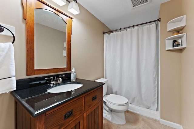 bathroom with toilet, tile patterned floors, visible vents, and a stall shower