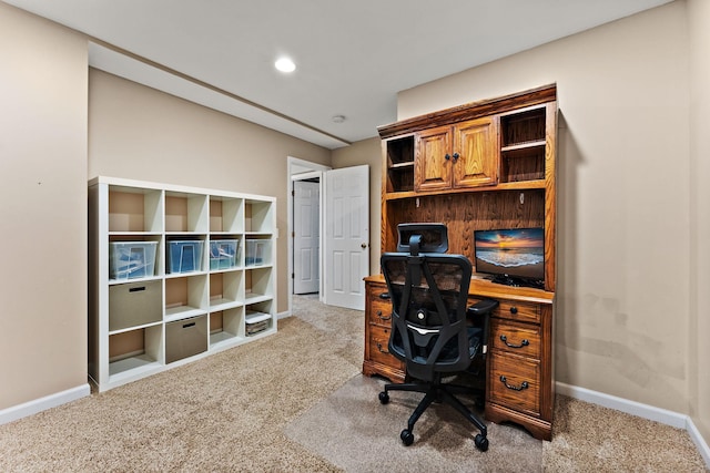 office space featuring recessed lighting, baseboards, and carpet