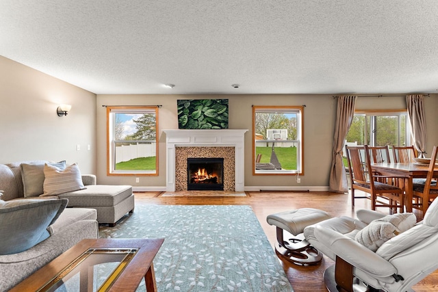 living area with a textured ceiling, a fireplace with flush hearth, and wood finished floors