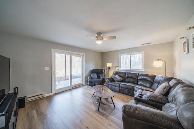 living area with a baseboard radiator, a healthy amount of sunlight, wood finished floors, and visible vents
