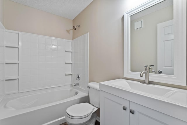 bathroom with toilet, a textured ceiling, shower / bathtub combination, and vanity