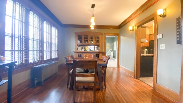 dining area featuring radiator, a wealth of natural light, wood finished floors, and crown molding
