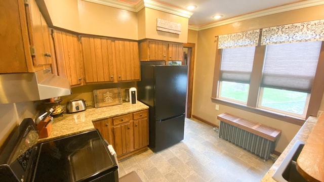 kitchen featuring radiator, brown cabinetry, black appliances, baseboards, and ornamental molding