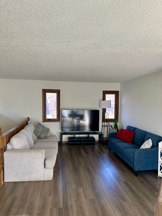 living room featuring a textured ceiling and dark wood finished floors