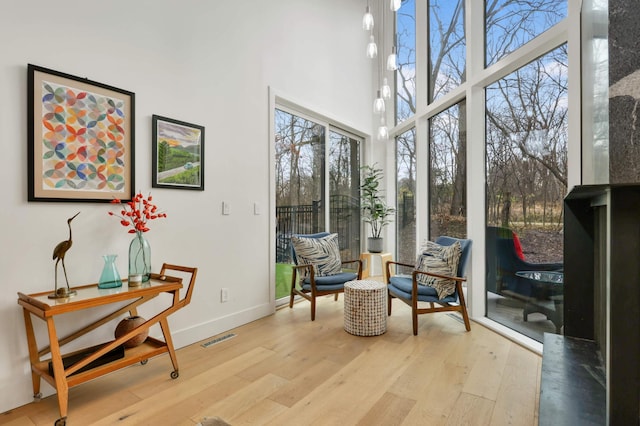 285 Leaf St, Orono, MN 55356 - living area with wood finished floors, a towering ceiling, and baseboards
