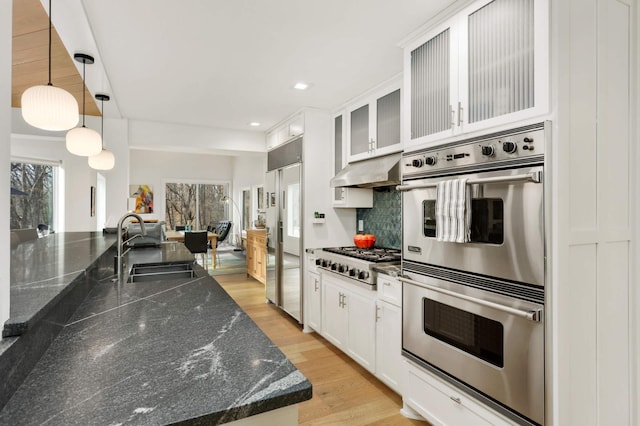 285 Leaf St, Orono, MN 55356 - kitchen with a sink, appliances with stainless steel finishes, under cabinet range hood, tasteful backsplash, and light wood-style flooring