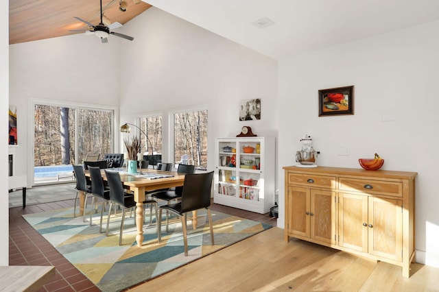 285 Leaf St, Orono, MN 55356 - dining space featuring ceiling fan, plenty of natural light, high vaulted ceiling, and light wood-style flooring