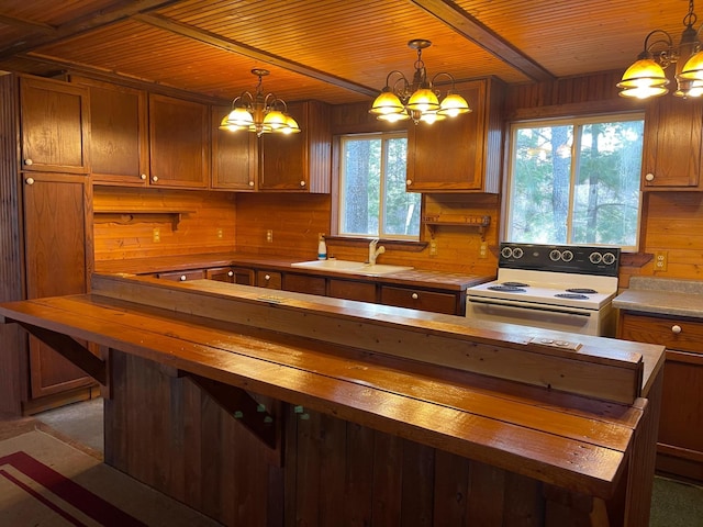 40884 Nature Ave, Fleming Twp, MN 56431 - kitchen featuring a chandelier, white electric range, a sink, butcher block countertops, and wooden ceiling