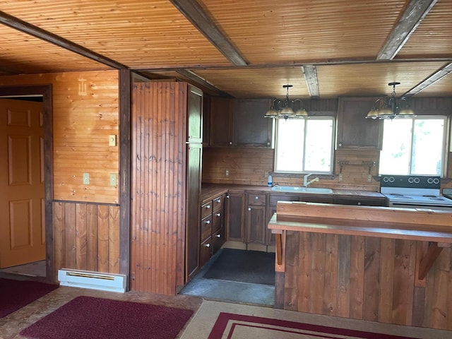 40884 Nature Ave, Fleming Twp, MN 56431 - kitchen featuring a chandelier, a sink, wooden ceiling, wood walls, and pendant lighting