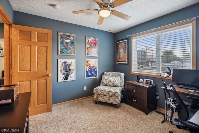4022 Yosemite Ave S, Saint Louis Park, MN 55416 - home office with light colored carpet, baseboards, a ceiling fan, and a textured ceiling
