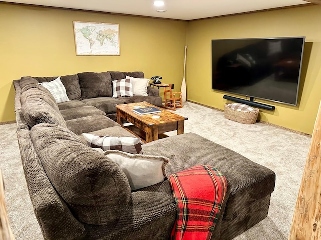 38985 337th Ln, Aitkin, MN 56431 - living room featuring carpet floors, ornamental molding, and baseboards