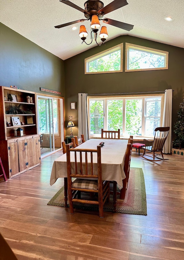38985 337th Ln, Aitkin, MN 56431 - dining space with a ceiling fan, a textured ceiling, high vaulted ceiling, wood-type flooring, and recessed lighting