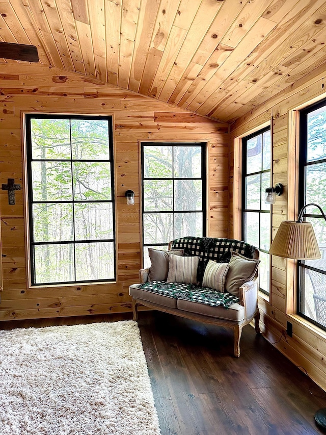 38985 337th Ln, Aitkin, MN 56431 - living room with vaulted ceiling, wooden walls, hardwood / wood-style flooring, and wooden ceiling